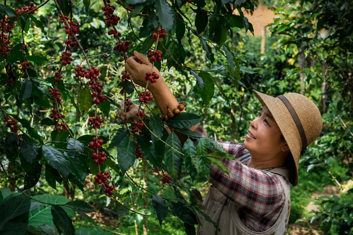 Coffee Harvest on a Mountain Farm Coffee farmers harvesting ripe coffee cherries in a mountain growing region