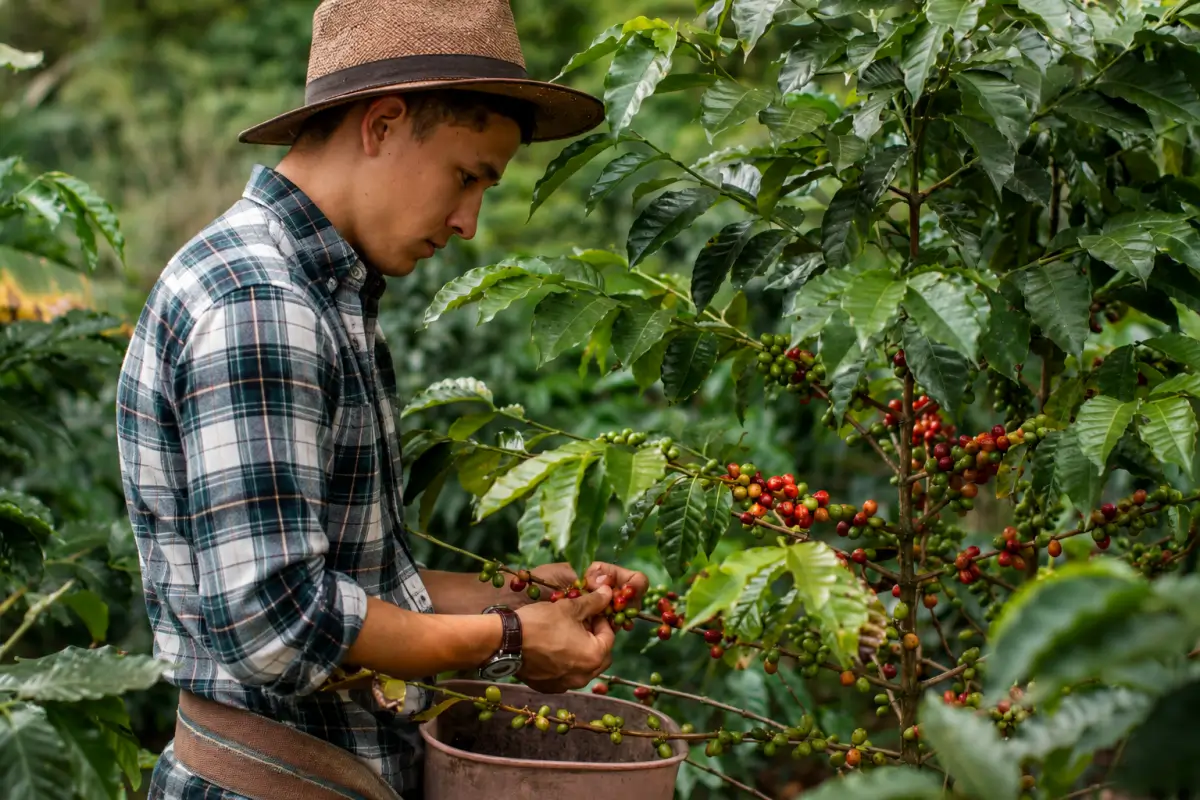 Selective Coffee Cherry Picking Farmer selectively picking ripe coffee cherries by hand