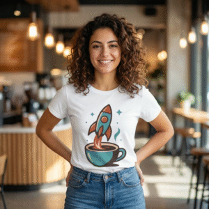 Coffee Rocket Cartoon Tee — Retro Space Rocket Unisex T-Shirt