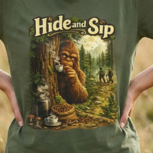 Hide and Sip Bigfoot T‑Shirt — Rustic Sasquatch Coffee Unisex Tee