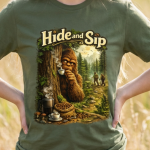 Hide and Sip Bigfoot T‑Shirt — Rustic Sasquatch Coffee Unisex Tee