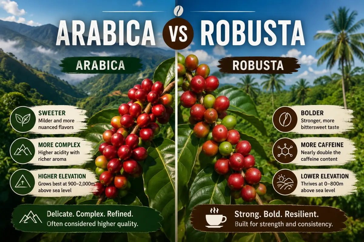 Arabica vs Robusta Coffee Plants Side-by-side comparison of Arabica and Robusta coffee plants