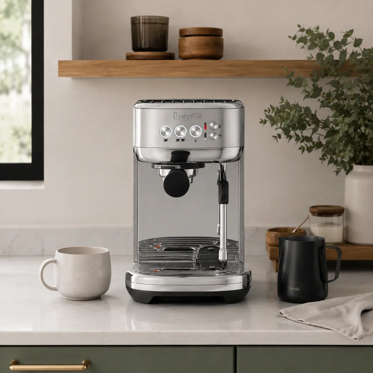 Breville Bambino Plus Coffee Station Setup Breville Bambino Plus espresso machine in a modern home coffee station with espresso cup and milk pitcher.