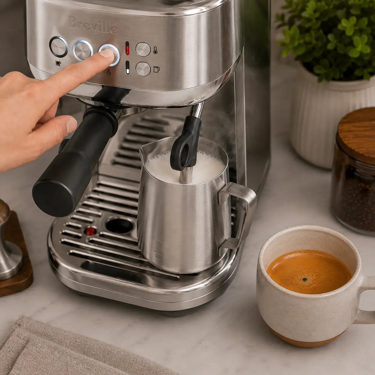 Breville Bambino Plus Milk Frothing for Lattes and Cappuccinos Breville Bambino Plus automatically frothing milk for a latte or cappuccino.