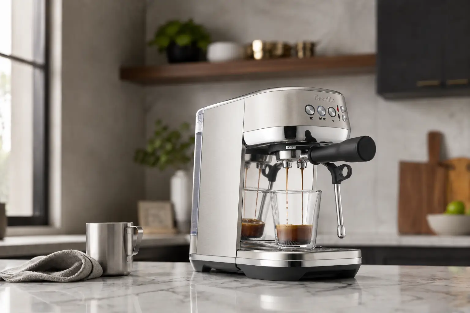 Breville Bambino Plus Espresso Machine Review Breville Bambino Plus espresso machine brewing espresso in a modern kitchen with natural lighting and marble countertops.