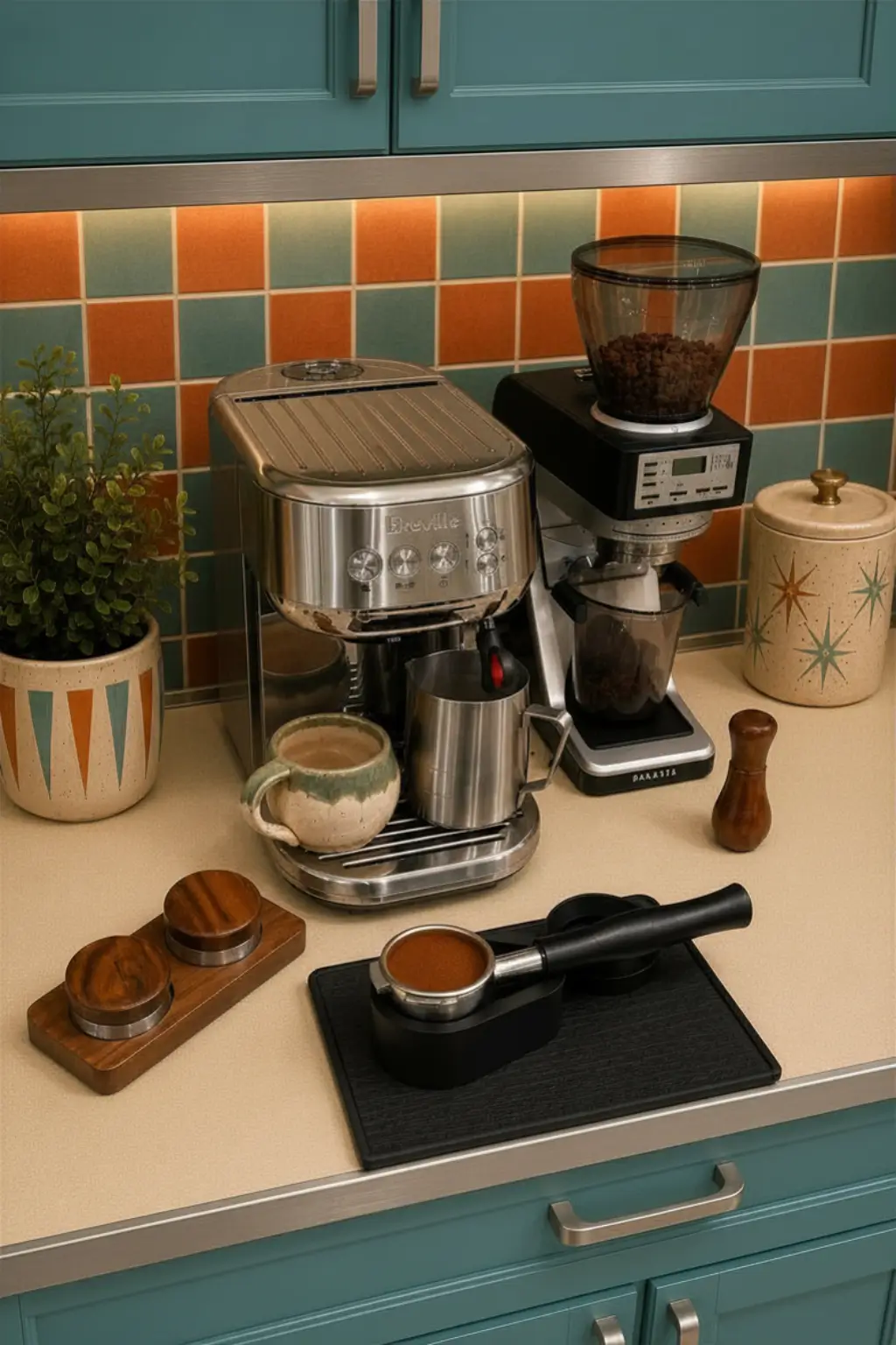 Breville Bambino Plus and Espresso Grinder Setup Breville Bambino Plus espresso machine paired with an espresso grinder in a home coffee station.