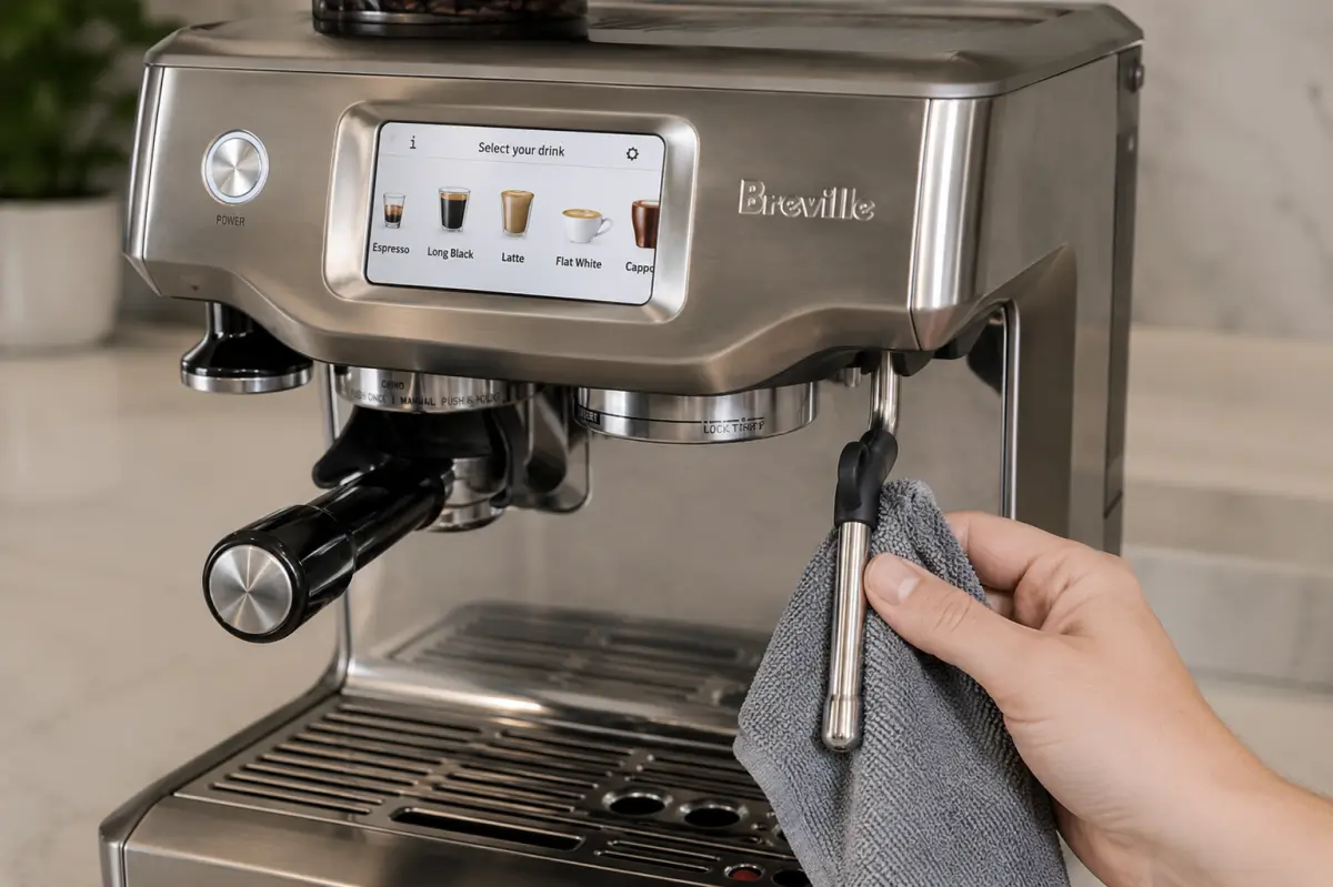 Wiping the steam wand of a Breville Barista Touch espresso machine after steaming milk.