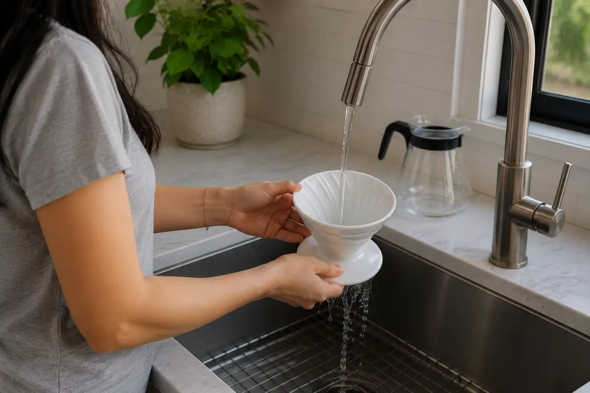 Cleaning a pour over dripper and glass server after brewing coffee.