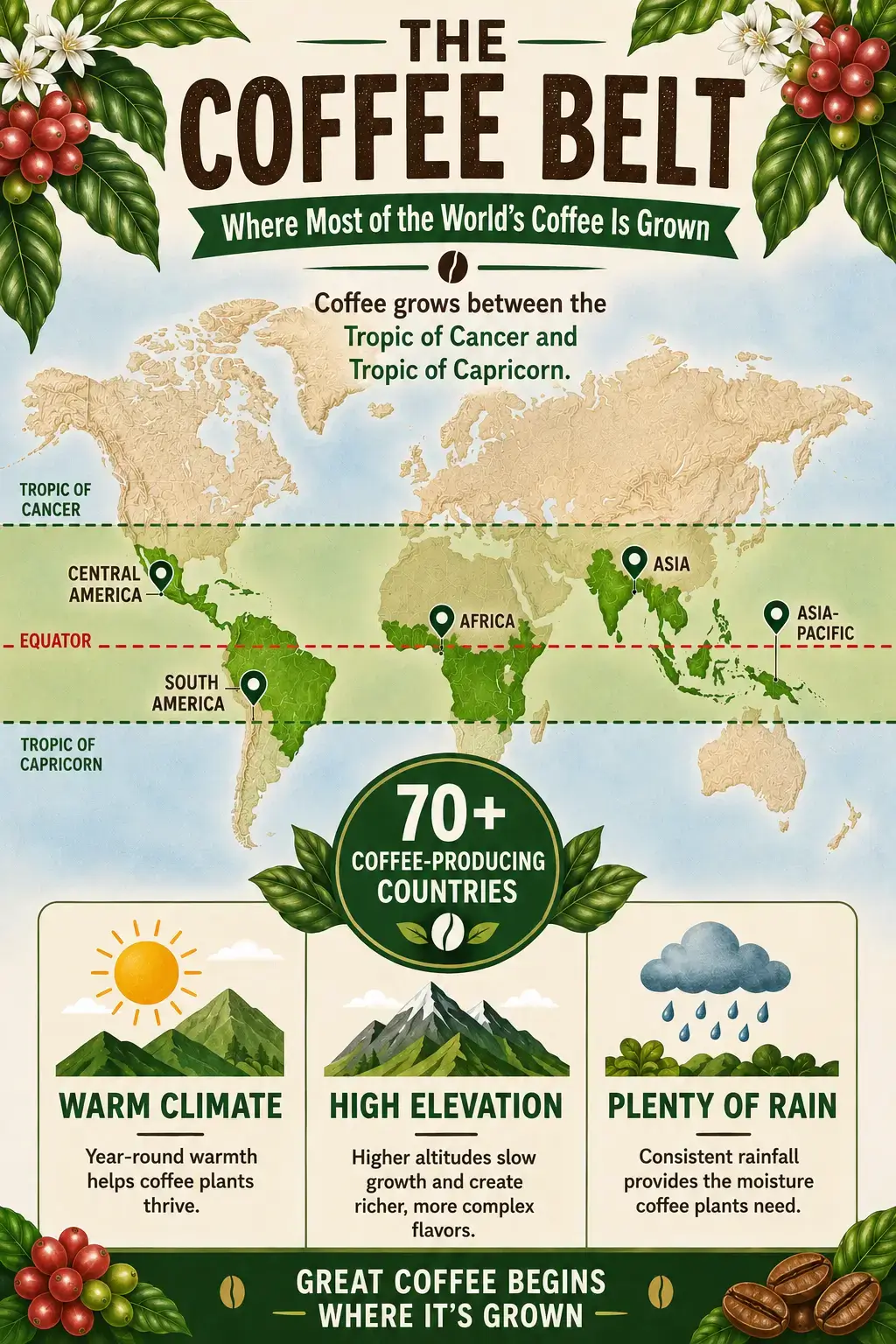 The Coffee Belt: Where Most of the World's Coffee Is Grown Infographic map showing the Coffee Belt and major coffee-growing regions around the world