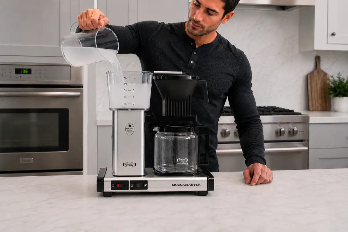Pouring descaling solution into a Moccamaster KBGV Coffee Maker to remove mineral buildup.