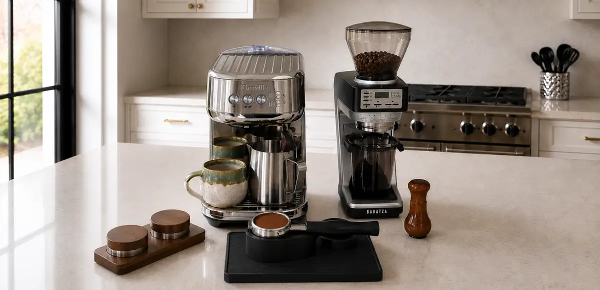 Cleaning coffee equipment on a kitchen countertop to improve coffee flavor and extend equipment life.