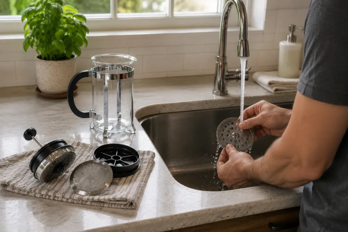 Disassembled French press with the mesh filter being rinsed under running water in a modern kitchen sink.