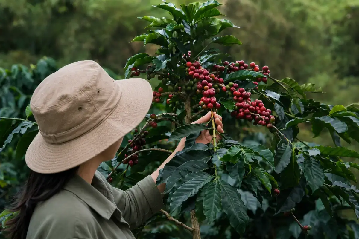 supporting-coffee-farmers-families-communities Coffee farmer harvesting ripe coffee cherries on a sustainable coffee farm